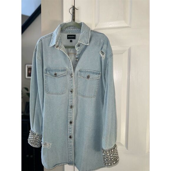 Retrofête Women's M Blue Denim Rhinestone Cuff Button-Up Shirt M - Picture 10 of 14